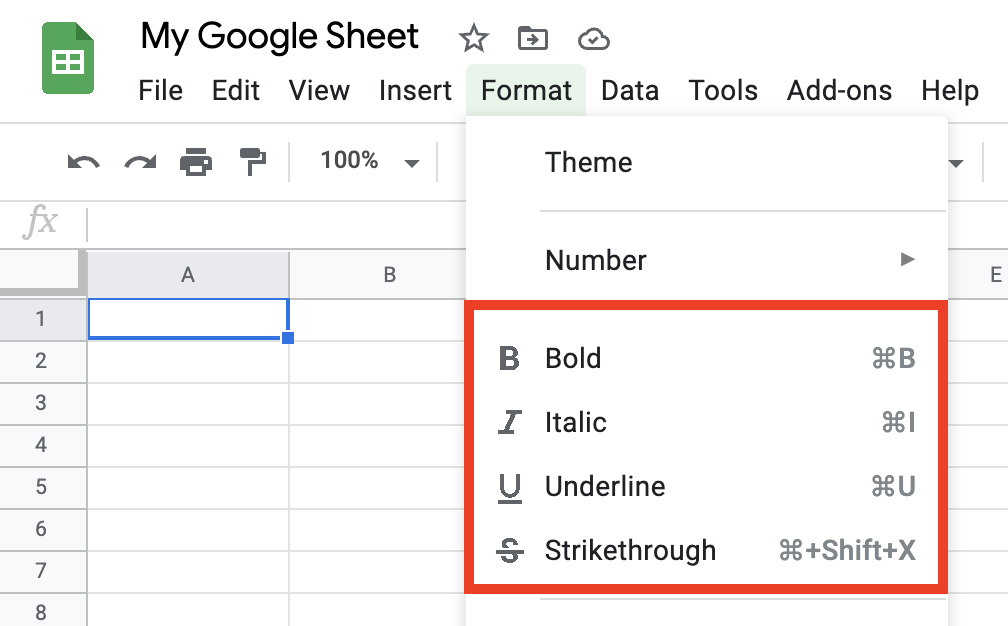 Google Sheets formatting menu