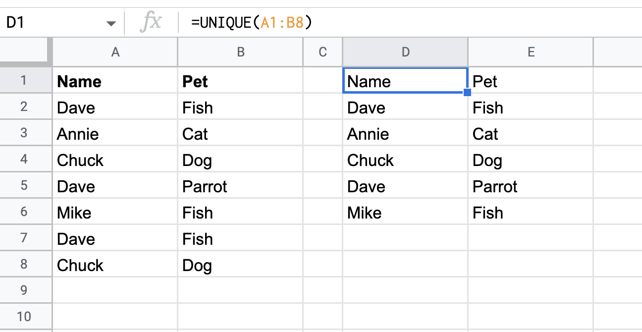 UNIQUE function with multiple columns in Google Sheets