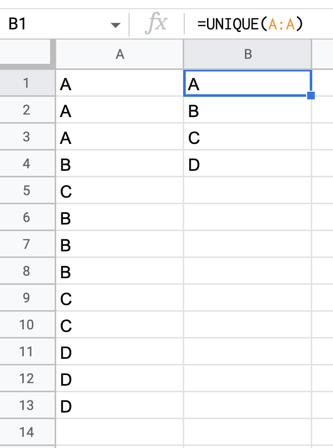UNIQUE function in Google Sheets